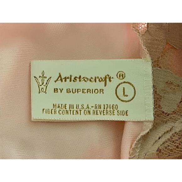 1960s Aristocraft Pink Tan Lace Accents V Neck Negligee Nightgown Size L - Picture 6 of 6